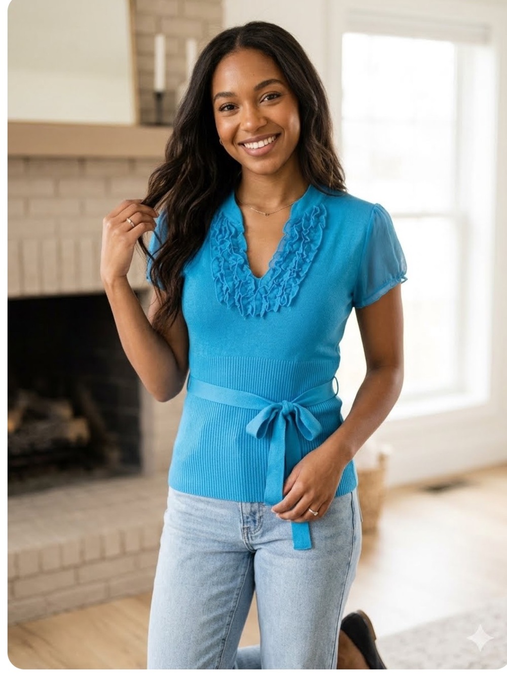 HeartSoul ruffle front blue sweater